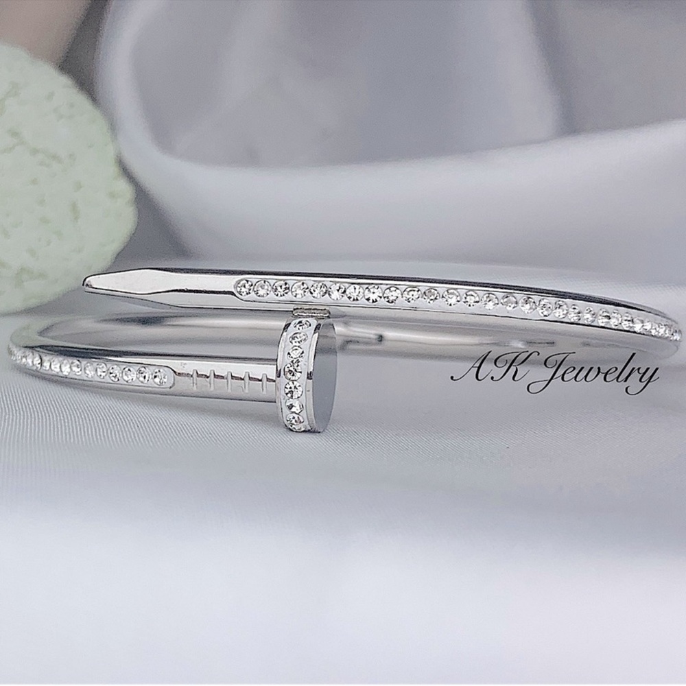💎NAIL Silver Pave Diamond Style Bracelet, Stackable Bangle